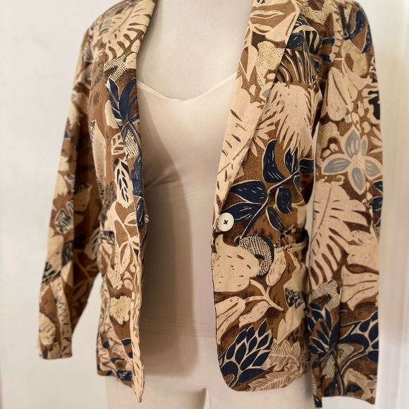 Vintage Melrose Linen One Button Open Front 3/4 Sleeve Brown Navy Floral Jacket - Picture 7 of 7
